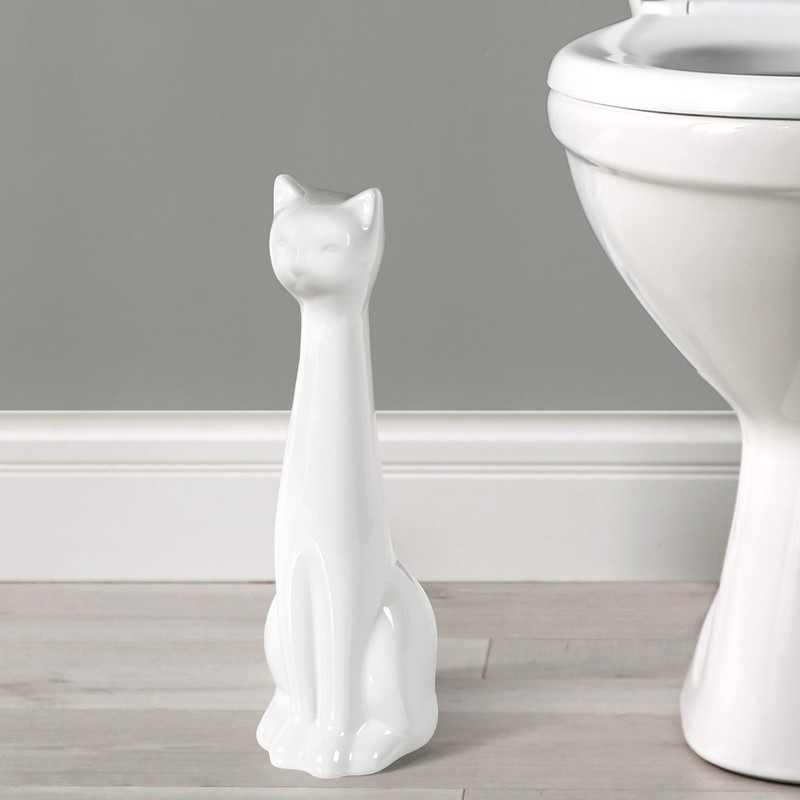 Allure Home Creation White Cat 2-Piece Toilet Brush Holder and