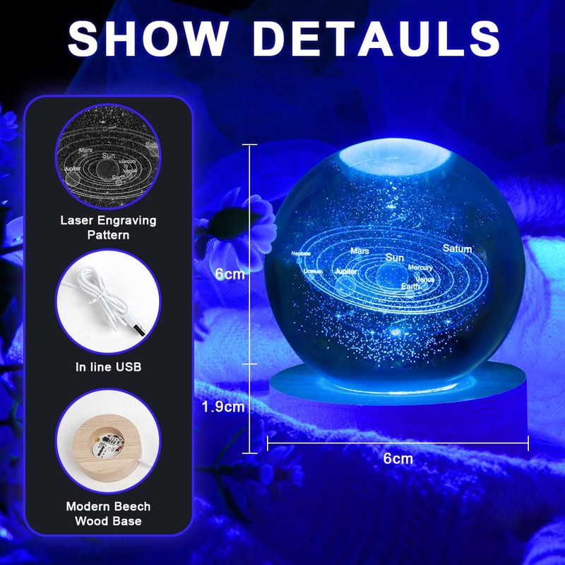 HOTUT 3D Solar System Crystal Ball, 3D Planets Crystal Ball