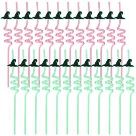 SAVITA Pack of 24 Wizard Hat Crazy Straws, Reusable Green and Pink Plastic Drinking Straws for Wizard Party Favours Witches Birthday Party Accessories