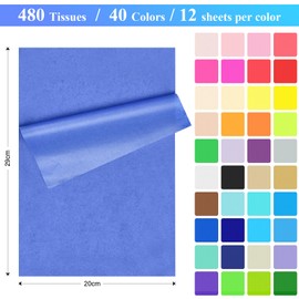 480 Sheets of Colourful Tracing Paper, 40 Colours, Tissue Paper Packaging Material, Tissue Paper 20 x 29 cm, Tissue Paper for Birthday Parties, Holidays, Weddings, Crafts, Decoration