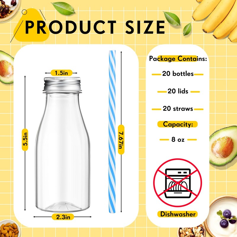Yinkin 20 Sets Plastic Milk Bottles with Straws Lids Clear