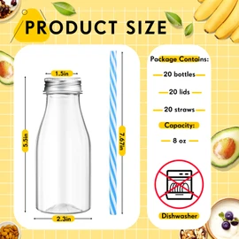 Yinkin 20 Sets Plastic Milk Bottles with Straws Lids Clear Plastic Containers for Dairy Milk Party Bottle for Juices Shakes Smoothies (8 oz,Pastel Color)