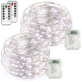 buways Fairy Lights 2-Pack Battery Operated Cool White 50 LED Fairy String Lights,16.4ft Sliver Wire Light with Remote Control for Christmas Party Garden Home Decoration