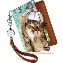 Pretimo Pass Case with Reel, Cat Green, Cat Pattern, Bi-Fold Commuter Pass Case, 2, 3, 4, Card Case, Card Holder, Cat Pattern, Cat Cat Cat, cat green