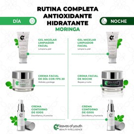 Leaves of Youth Kit Cremas Faciales Hidratantes Antiarrugas con Ácido Hialurónico, Moringa, SPF, Colágeno: Crema Día, Crema Noche, Gel Ultra Hidratante, Crema de Ojos, Gel Limpiador Micelar