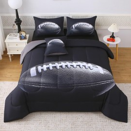 JQinHome Twin Football Themed Comforter Sets for Boys, 6 Piece Bed in A Bag 3D Sport Bedding - All Season Soft Microfiber, with Pillowcase, Flat Sheet, Fitted Sheet, Cushion Cover(Rugby Black)