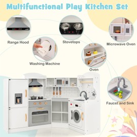 KOTEK Corner Play Kitchen, Wooden Kids Toy Kitchen w/Sound & Light, Range Hood, Ice Maker, Washing Machine, Microwave, Oven, Sink, Chef Suit, Interactive Kitchen Playset for Toddlers (White)