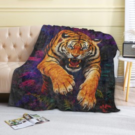 coedoaes Fierce Tiger Fleece Blanket,50x60in,Bold Jungle Attack Vivid Purple and Red Forest Throw Blankets,Soft Cozy Lightweight, Ideal for Bed Living Room Home Cool Decor,Adults Gifts