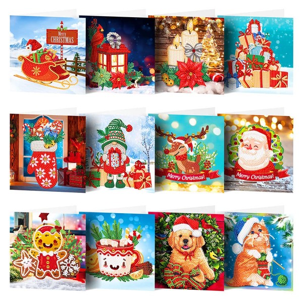 AZURAOKEY 12Pcs Christmas Cards DIY 5D Diamond Painting Card Number Dot Kits for Kids & Adults, Special Shaped Postcards Bright Drill Cartoon Holiday Party Mosaic Set