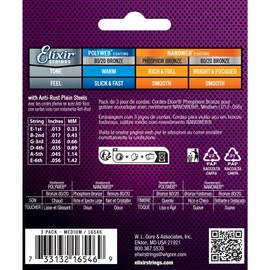 Elixir® Strings 16546 Acoustic Phosphor Bronze Guitar Strings with NANOWEB® Coating, 3 Pack, Medium (.013-.056)