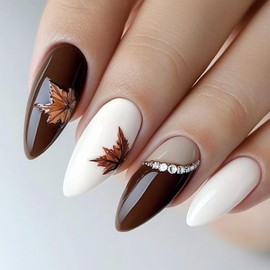 24Pcs Maple Leaves Acrylic Medium Almond Fake Nail Thanksgiving Press on Nails Rhinestones Stick on Fingernails Glossy Brown French False Nails Fall Leaf Gel Glue on Nail for Coquette Women Girls