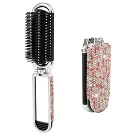 Framendino Cepillo De Pelo De Viaje Con Diamantes De Imitación Y Espejo De Cristal, Portátil, Plegable, De Bolsillo, Compacto Y Brillante, Para Mujer, Color Rosa, 1 Unidad.