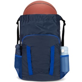 Veious Drawstring Soccer Backpack Basketball Bag for Football Volleyball Gym Sports Training with Shoe Compartment (Navy Blue)