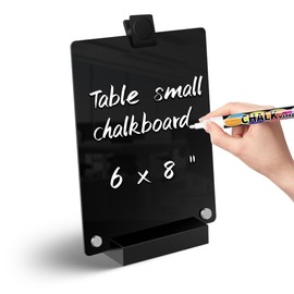 Kivsty Acrylic Dry Erase Board with Wood Stand - 6 x 8 Inch Erasable Chalkboard, Desktop Blackboard Small Chalk Board to Do List Menu Black Board for Office, Home, School, Fridge - 1 Pack