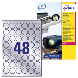 AVERY Zweckform L6129-20 Silver Heavy Duty Weatherproof Laser Printer Labels (30mm Dia Round Labels, 48 Labels Per A4 Sheet, 20 Sheets)