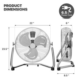 mollie 22 Inch High Velocity Floor Fan with 3 Speed Heavy Duty Metal Adjustable Tilt Portable Quiet Air Circulator for Home Garage, Workshop, Factory and Basement, 3522 CFM, Silver