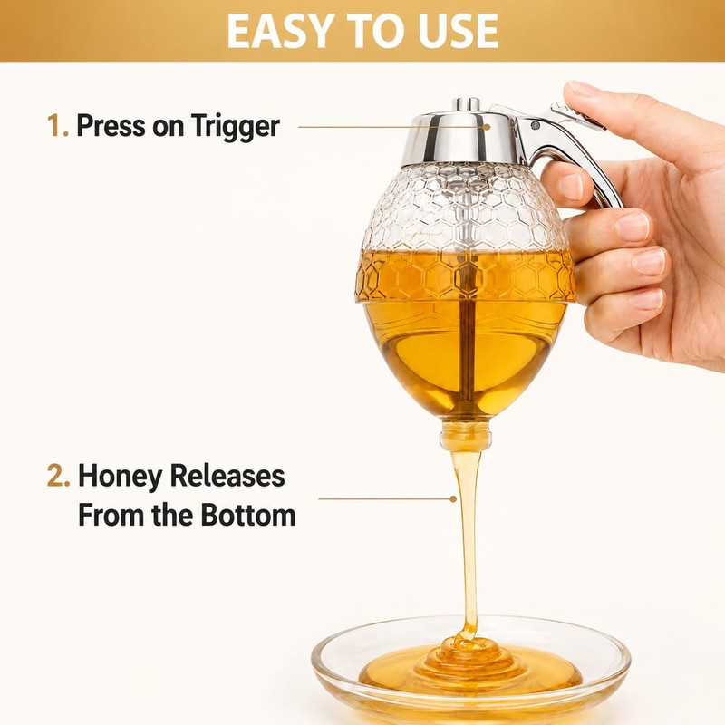 Shatterproof Honey Dispenser No Drip with Stand, Clear Syrup Dispenser