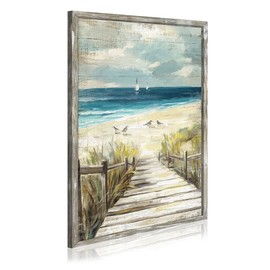 Wood Ocean Beach Wall Art: Framed Coastal Landscape Painting Vertical Seaside Boardwalk Prints Rustic Sea Wave Seascape Artwork Relaxing Shore Seagulls Picture for Bathroom Bedroom