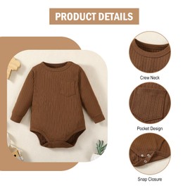 ROMPERINBOX Newborn Baby Boy Onsies 3 Pack Rib Knit Solid Color Long Sleeve Pocket Infant Bodysuit for Fall Winter(Black/White/Brown, 0-3 Months)