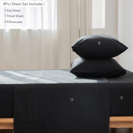 MooMee Bedding Sheet Set 100% Washed Cotton Linen Like Textured Breathable Durable Soft Comfy (Black, King)