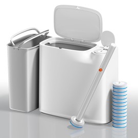 CTIME 3.5 Gallon Bathroom Trash Can with Toilet Brush& included 12 Pre-soaked Disposable Toilet Brush Heads, White Small Trash Can with Lid, Slim Garbage Can for Bathroom, RV