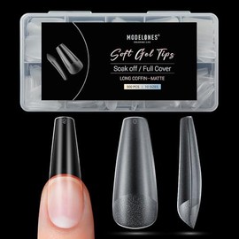 modelones Positioning Scale Line Nail Tips, Long Coffin Soft Gel Tips Fake Nails False Acrylic Extensions Seamless Accurate Guide Line, Full Matte Professional Nail Salon 216PCS 12Sizes