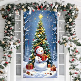 Winter Snowman Christmas Door Cover - Xmas Door Banner for Christmas Door Decorations, 71x35 Inch