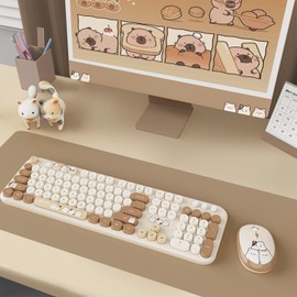 Wireless Keyboard and Mouse Combo, Retro Typewriter Keyboard with Round Keycaps, 104 Key Full-Size Ergonomic Kyeboard for Windows PC, Home, Office, and School (Milk Tea)