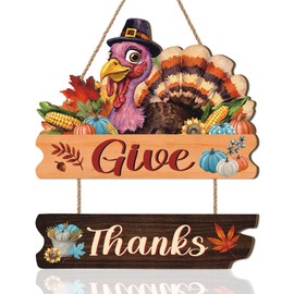 Aryroi Give Thanks Door Sign,Turkey Front Door Decor,Thanksgiving Day Wooden Plaque,Thankful Wreath,Fall Wooden Hanging Signs,Autumn Wall Sign,Realistic Turkey Wreath For Outdoor Porch Office Home Room