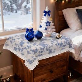 Small Blue Floral Tablecloth Square 24 x 24 inch, Burlap Linen Nightstand Cover, French Vintage Table Cover, End Bedside Chinoiserie Flower Table Cloth, Washable Farmhouse Blue Christmas Home Decor