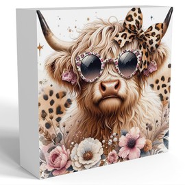 Highland Cow Decor, Highland Cow Gifts for women, Highland Cow Baby Decor, Cow With Leopard Bow, Highland Cow Nursery Decor, Wooden Box Decor Sign for Home Farmhouse Office Living Room Table Shelf