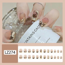 Thanksgiving Press on Short Nails Square Shaped Acrylic Glossy Full Cover Square Fall False Nails with Maple Leaf Designs Artificial Autumn Leaves Glue ons Square Fake Nails for Women Girls(LZ274)