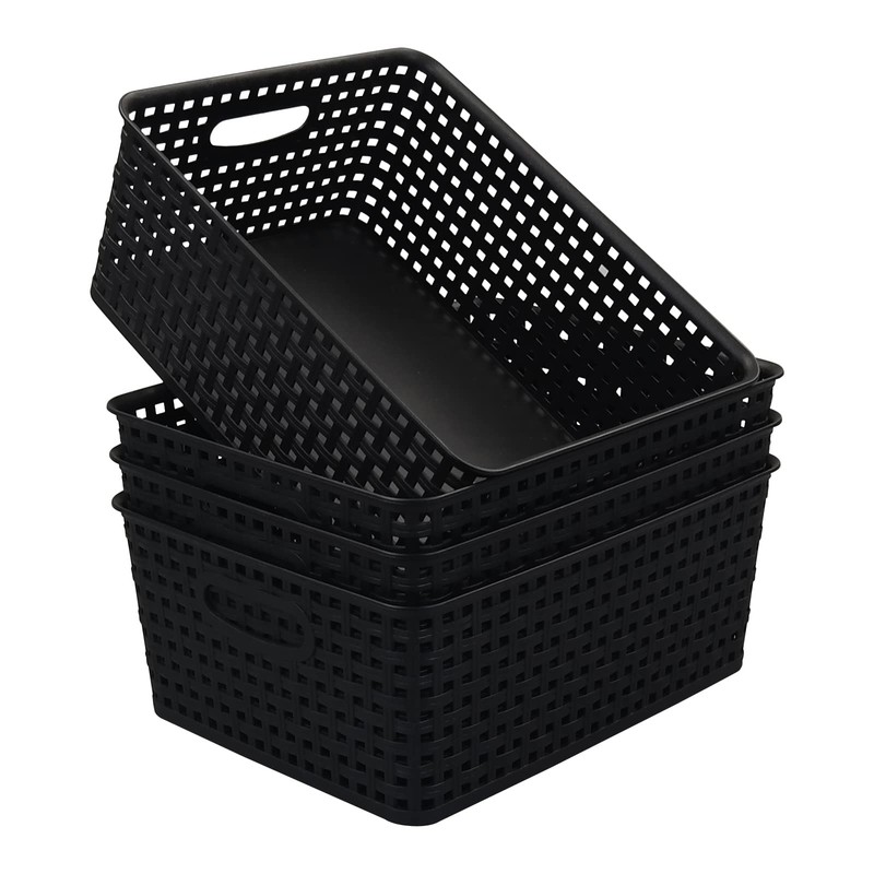 Morcte 4-Pack Plastic Storage Weave Baskets, Plastic Shelf Baskets, Black