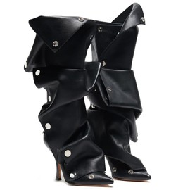 VOMIRA Women's Knee High Boots Stiletto Boots Pointed Toe High Heels Wide Calf Ruched Slouchy Boots Detachable Snap-off Panel Mid Calf Boots Black Boots