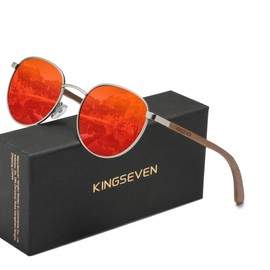 KINGSEVEN Walnut Wood Round Sunglasses Men Women Polarized Mirrored Stylish Retro Glasses W5519 (W5519-Orange)