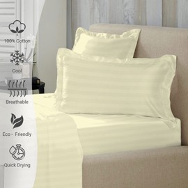 Cream Satin Striped Bedding Cotton King Size Pillow Cases 2 Pc, 300 Thread Count 100% Long Staple Cotton Pillow Cover, Sateen King Pillow Cases 50 x 90cm (Damask Bedding Set) - Pizuna