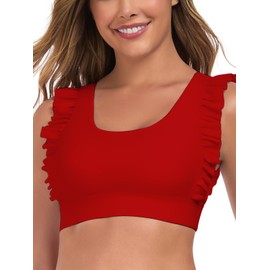 Ocean Blues Women's Red Ruffle Bikini Top Supportive Bikini Top Longline Swimsuit Top Size Medium