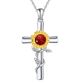 925 Sterling Silver Birthstone Sunflower Cross Necklaces for Women, Flower Cross Birthstone Pendant Necklaces, Cubic Zirconia Cross Birthstone Necklaces for Women Mom Wife Valentines Day (5-Red)