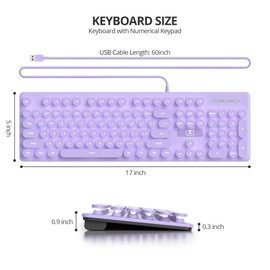 Fogruaden Wired Retro Typewriter Keyboard, Quiet Full Size Membrane Keyboard Light Up, Purple Cute Computer Keyboards, 104 Round Keys, White LED Backlit, Slim, Silent for Windows PC, Laptop