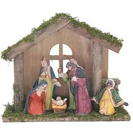 Rocky Mountain Goods 6 Piece Porcelain Nativity Set with Wood Stable - for Christmas Indoor Nativity Set - Baby Jesus, Mary, Joseph, 3 Wisemen - 8” x 7” Stable