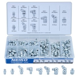 NEIKO 50467A Grease Fitting Assortment, 135 Piece, Metric, Straight & Angled Zerk Grease Fittings Kit, Zinc Plated A3 Steel, Angled Grease Guns, Mechanical Component Lubrication, M6-1, M8-1 & M10-1.5