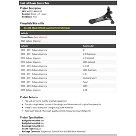 Marketplace Auto Parts Front Left Driver Side Lower Control Arm - Compatible with 2008-2011 Subaru Impreza