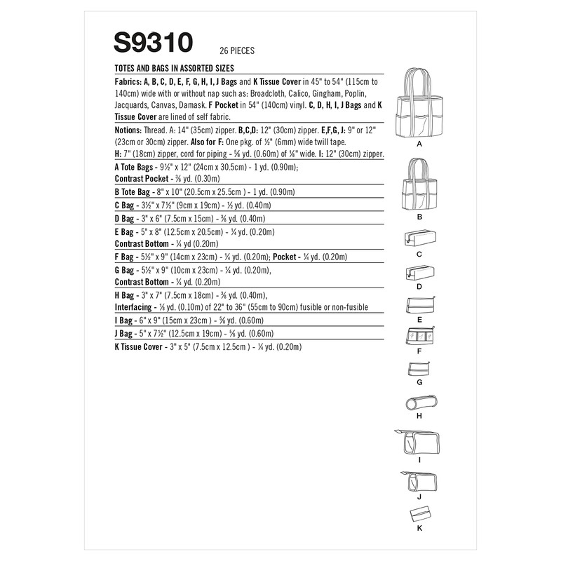 Simplicity S9310 Sewing Pattern Totes and Bags in Assorted Sizes,