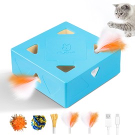 Migipaws MigiBox Cat Toy with PopSkin, Interactive Kitten Toy for Indoor Cats, Automatic Pop Out Feathers from 7 Holes Randomly, Pounce Mystery Under Cover to Stimulate Bored Furry, Rechargable