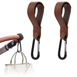 2 Pcs Stroller Hooks, Buggy Clips PU Leather Pram Hook Clips for Bags Handbag, Non-Slip Heavy Duty Universal Stroller Clips for Baby Travel Essentials, Carry 10kg per pram Clip (Leather, Brown)