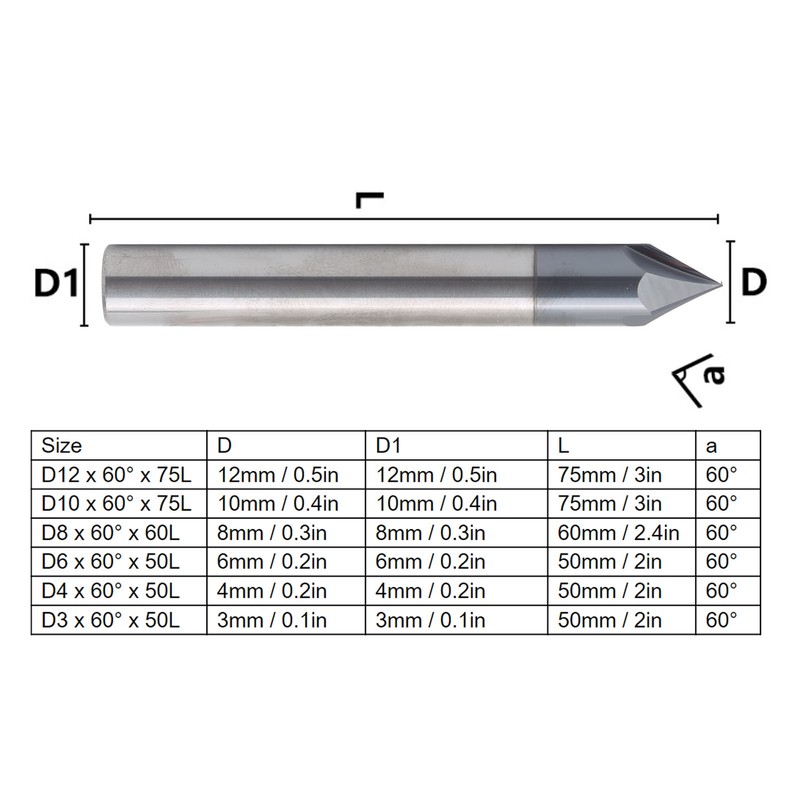 Chamfer End Mill 3 Flute 60° Milling Cutter Tungsten Steel