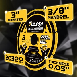 TOLESA Diamond Cutting Wheel 3 x 3/8 Inch for Metal, Cut Off Wheel with 5000+ Cuts on Rebar, Steel, Iron and INOX, 3 Pack