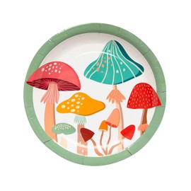 Fun Express 9" Mushroom Party Disposable Paper Dinner Plates with Green Trim - 8 Count
