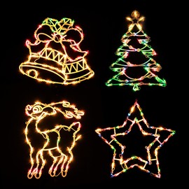 Christmas Window Silhouette Lights Decorations - Pack of 4 Sign Colour Lighted Deer, Xmas Trees, Bell, and Star for Holiday Indoor Wall Door Glass Decor