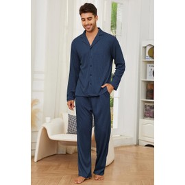 Andeip Men's pajamas Waffle Knit Long Sleeve Pjs Set 2 Piece Pajama Sets Loose Fit Button Down Matching Loungwear Navy Blue L